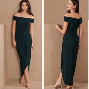 BHLDN Green Off the Shoulder Gown